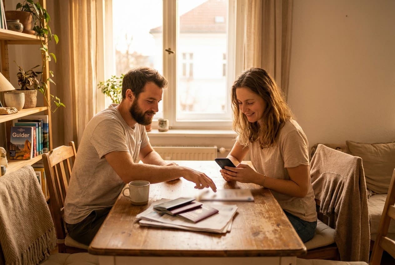 Two travellers at a kitchen table at home, passports beside them, setting up an eSIM on a phone before their trip